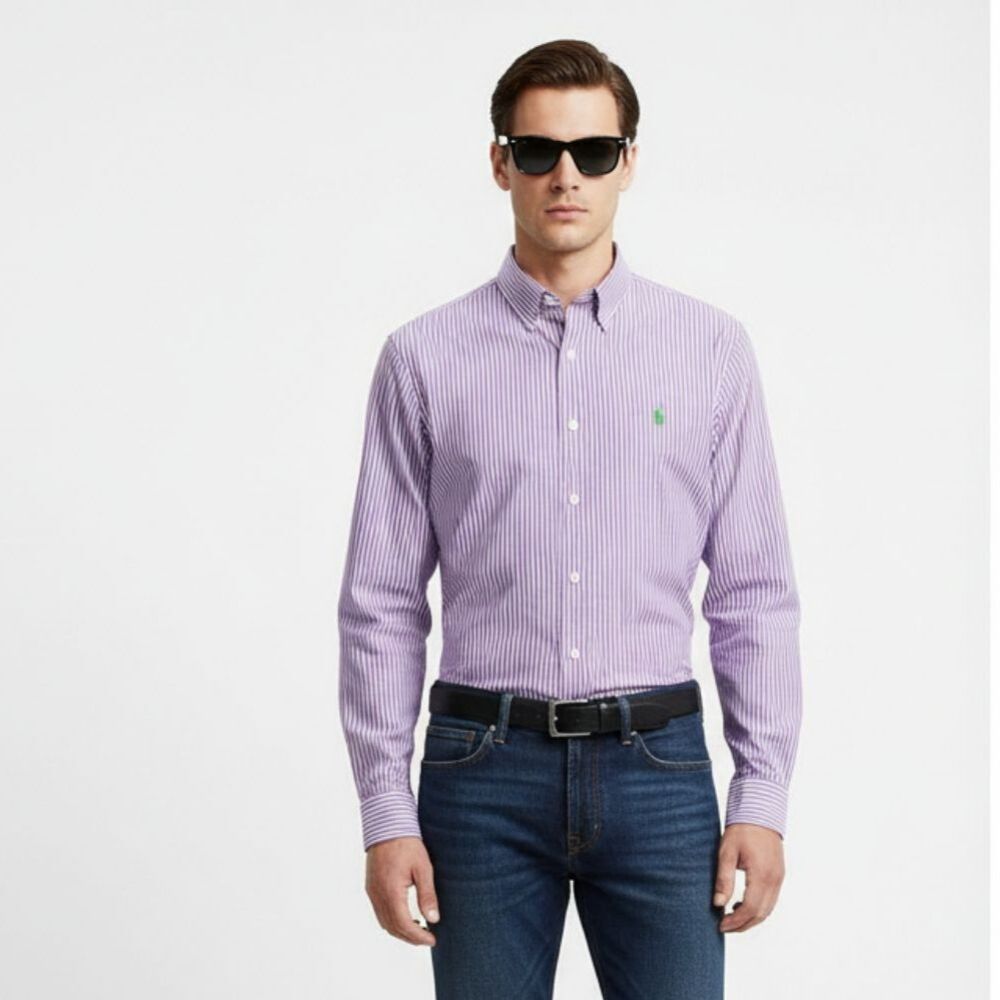 Ralph Lauren Polo Lavender & White Striped Button Long Sleeve Shirt M